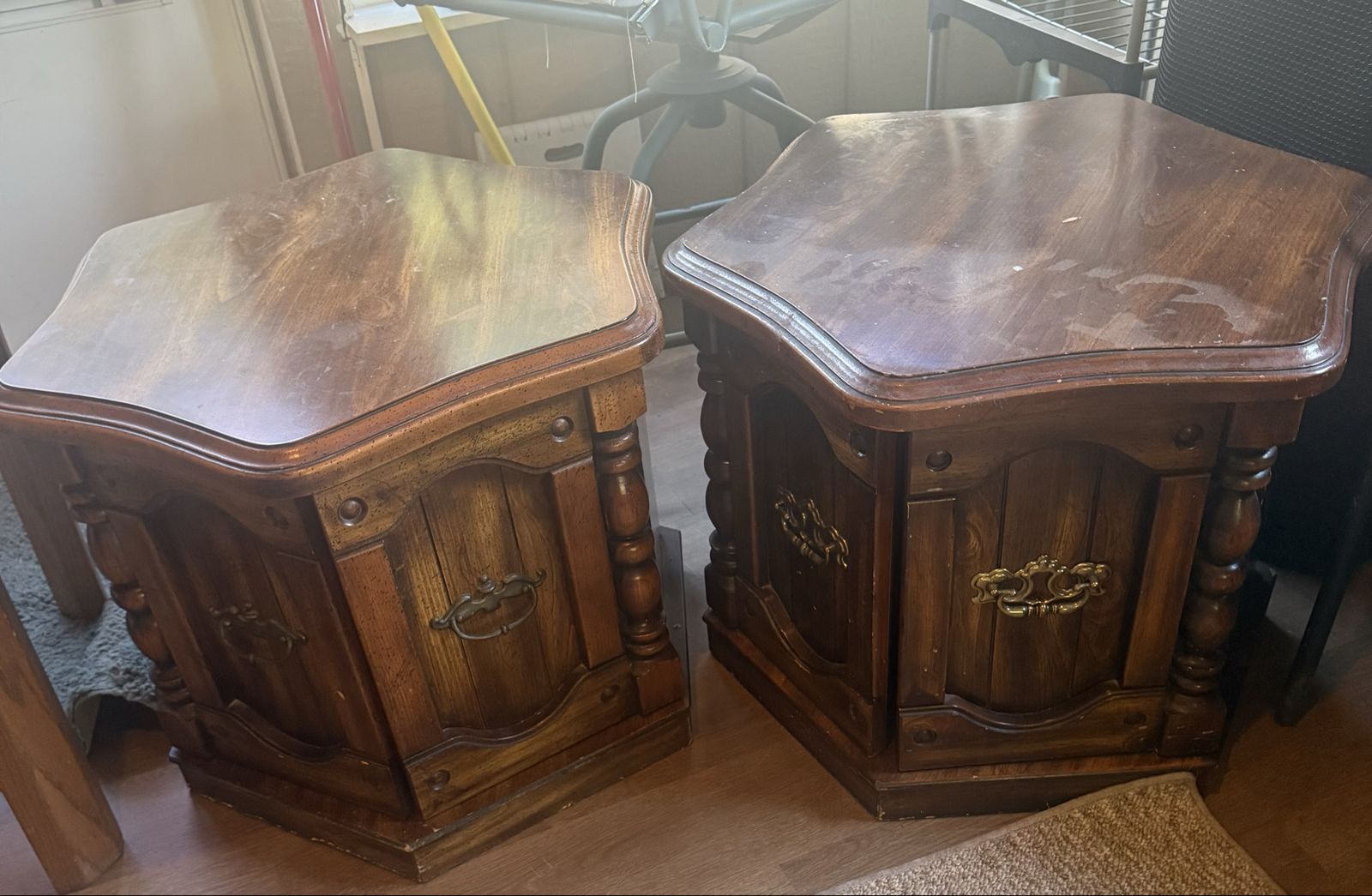 Pair of Vintage Hexagon Wooden End Tables with Storage Cabinets