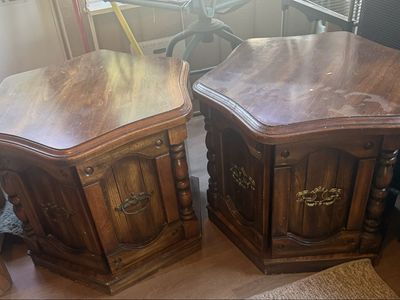 Pair of Vintage Hexagon Wooden End Tables with Storage Cabinets