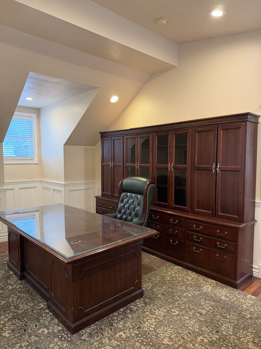 Executive Office Set: Large Wood Desk with Glass Top, Matching Credenza Wall Unit and Green Leather Chair