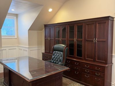 Executive Office Set: Large Wood Desk with Glass Top, Matching Credenza Wall Unit and Green Leather Chair