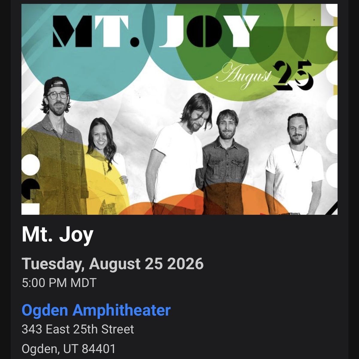 Mt. Joy GA Tickets - Ogden Amphitheater $50