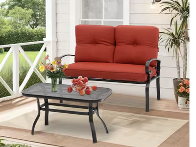 New in box 2-Piece Metal Patio Conversation Seating Set with Red Cushions