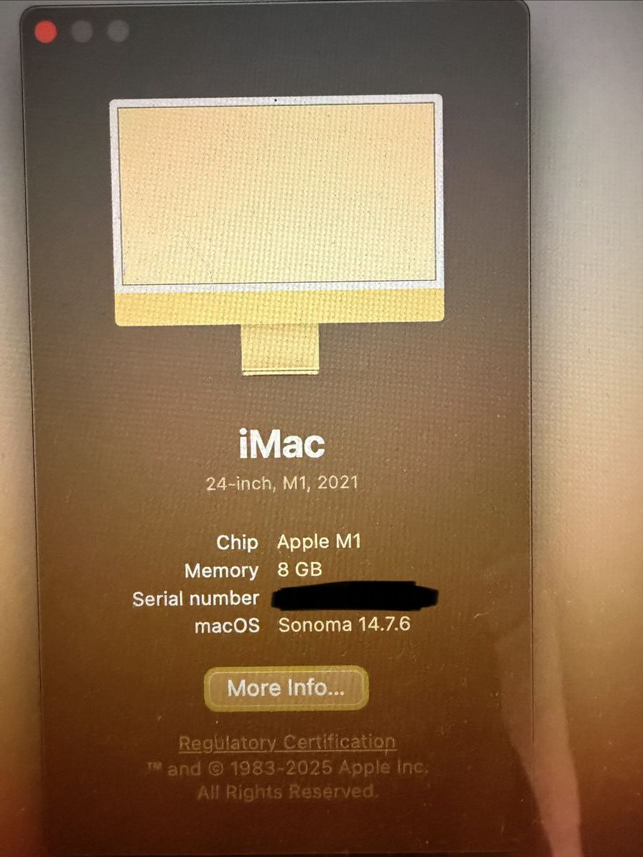 Apple iMac 24-inch M1 (2021) 8GB Memory 256GB SSD macOS Sonoma 14.7.6 Yellow