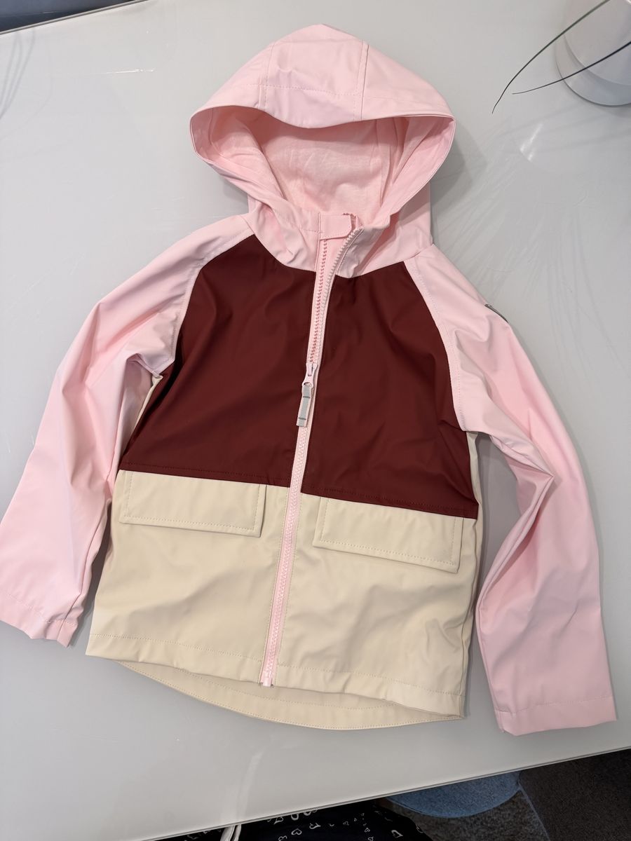 Lands' End Girl's Raincoat Size 5 Pink Maroon Colorblock Hooded Water-Resistant Jacket
