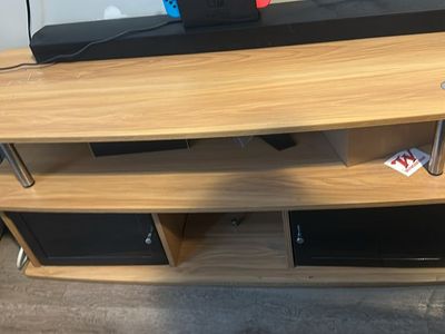 Wood & Metal Media Console TV Stand with Storage Cabinets - Light Brown/Black