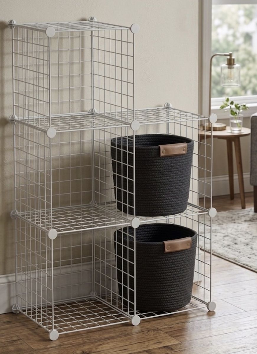 Modular Wire Grid Storage Shelves + Woven Baskets