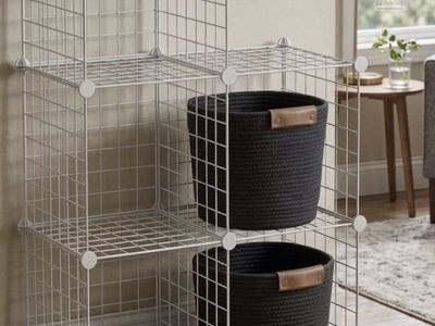Modular Wire Grid Storage Shelves + Woven Baskets