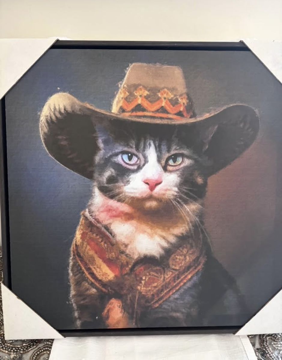 Cowboy Cat Framed Canvas - Wall Art 15.75x15.75