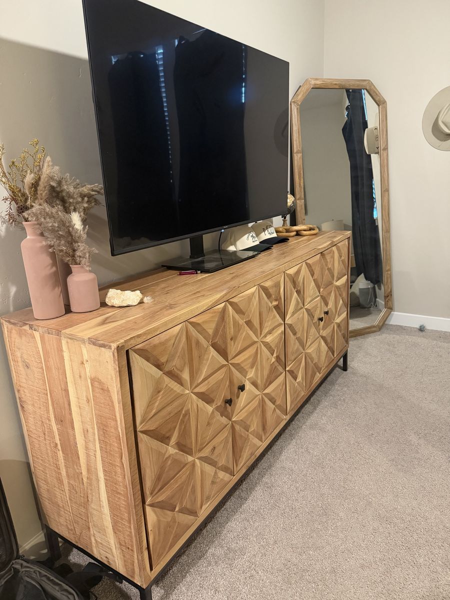 Geometric Carved Wood Sideboard Credenza TV Stand Console