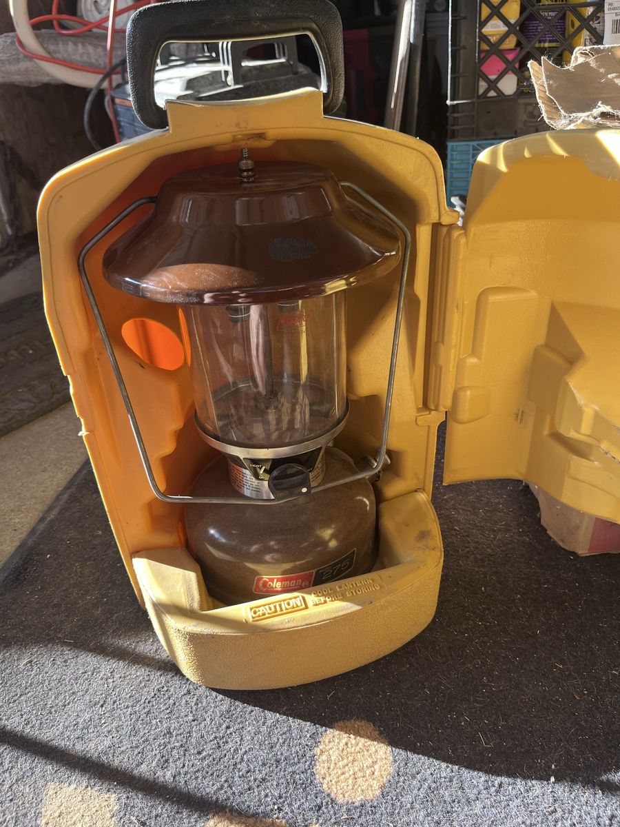 Vintage Coleman Model 275 Brown Gas Camping Lantern with Hard Yellow Carrying Case