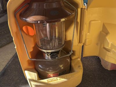 Vintage Coleman Model 275 Brown Gas Camping Lantern with Hard Yellow Carrying Case