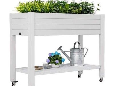 White Elevated Garden Bed with Wheels and Storage Shelf