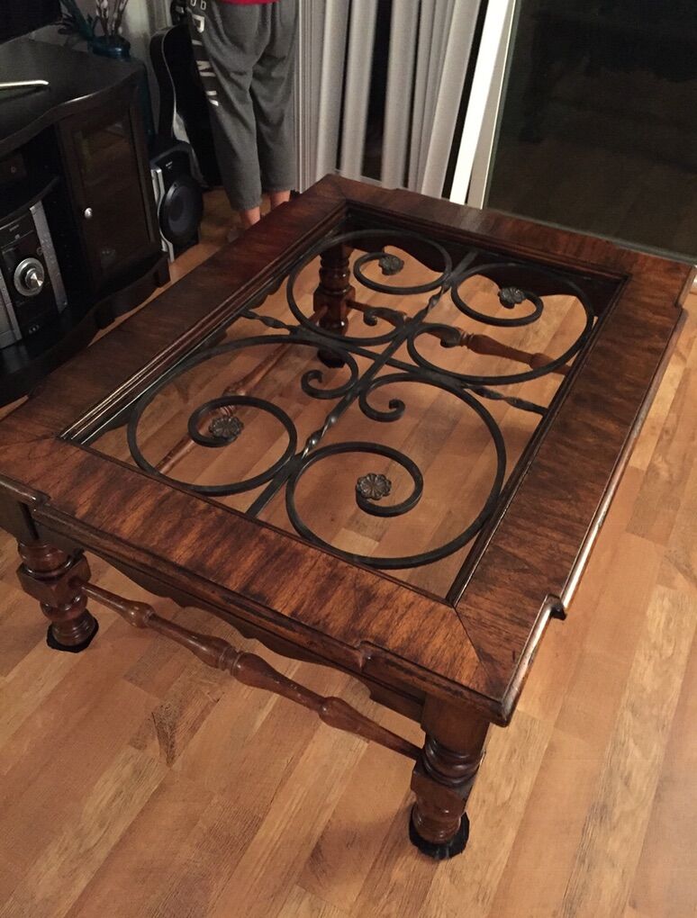 Coffee Table Wood And Glass With Wrought Iron