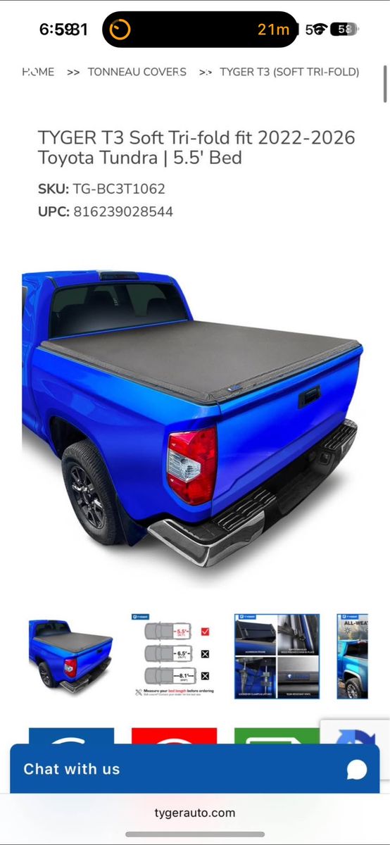 Tyger Soft Tri-fold Truck Bed Cover Toyota tundra 2022-2026 5’5
