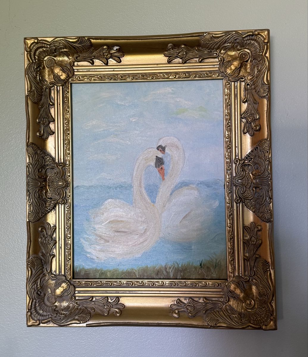 Original painting in oil two swans in the lake.