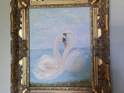 Original painting in oil two swans in the lake.