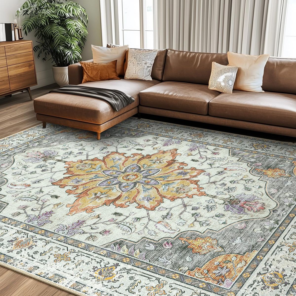 New Area Rugs 8'x10' Washable Non-Slip, Floral Vintage Distress Print Pattern Medallion Carpet