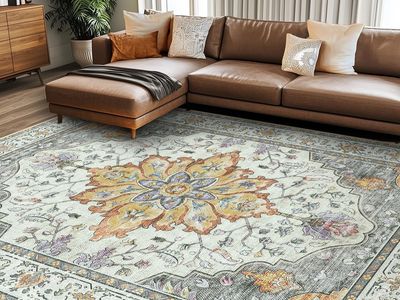 New Area Rugs 8'x10' Washable Non-Slip, Floral Vintage Distress Print Pattern Medallion Carpet