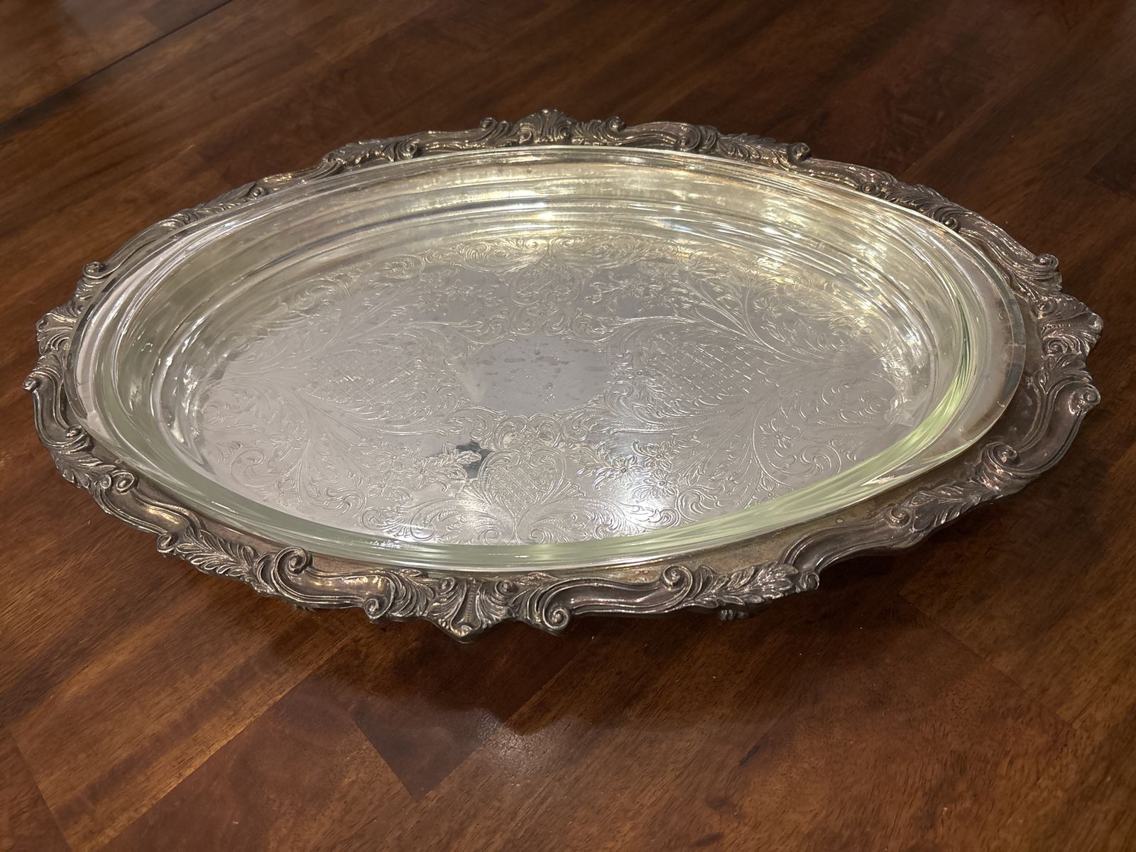 Sheridan Vintage Silver Plated Ornate footed Serving Tray with Glass Insert - Oval Etched Design