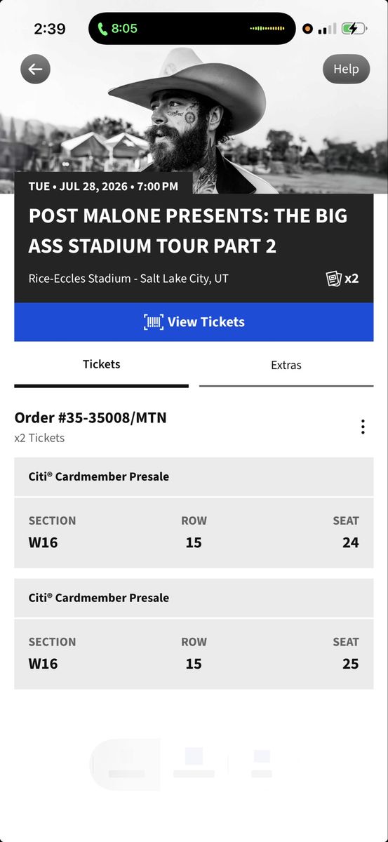 2 Post Malone Tickets: The Big Ass Stadium Tour Part 2 - July 28, 2026, Rice-Eccles Stadium, SLC