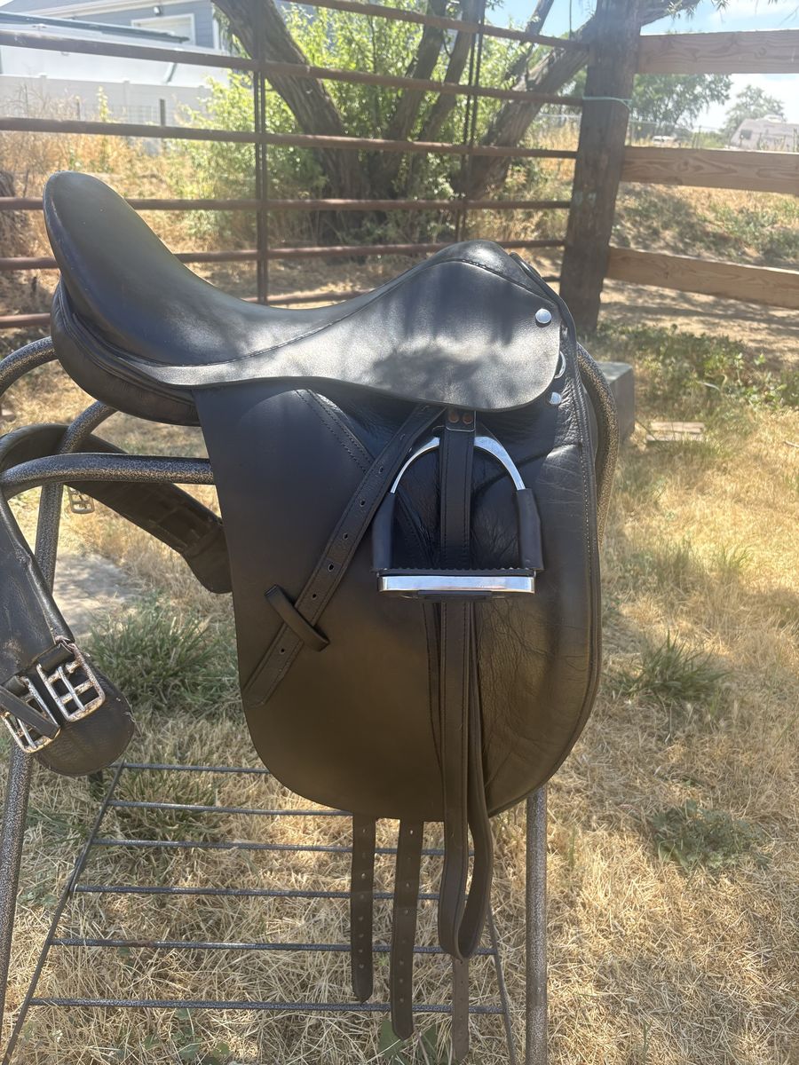 Black 18" Leather Dressage Saddle with Stirrups, Leathers, and Girth