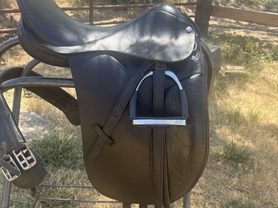 Black 18" Leather Dressage Saddle with Stirrups, Leathers, and Girth