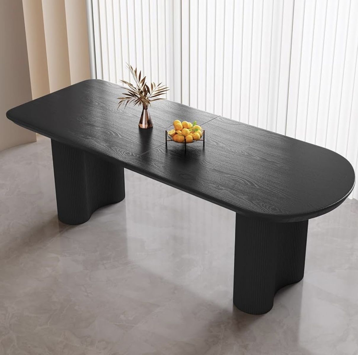 Modern Black Fluted Oval Dining Table 70 Inch Wood Grain Finish