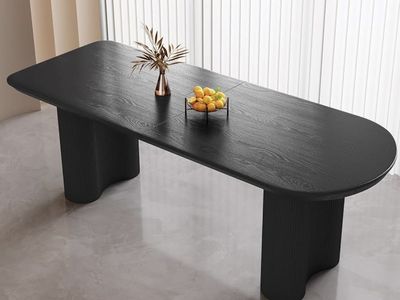 Modern Black Fluted Oval Dining Table 70 Inch Wood Grain Finish