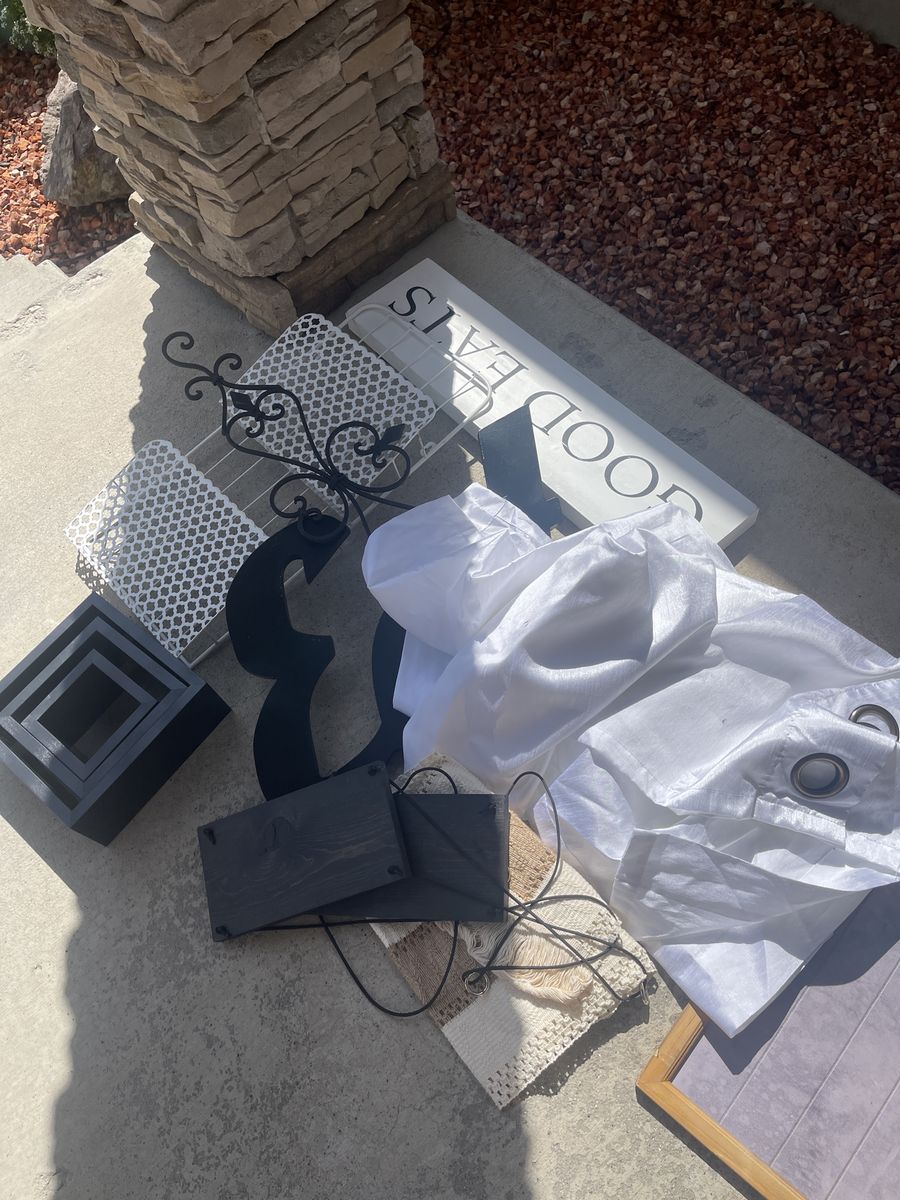 Assorted Home Decor Items Bundle including Curtains, Signs, Shelves