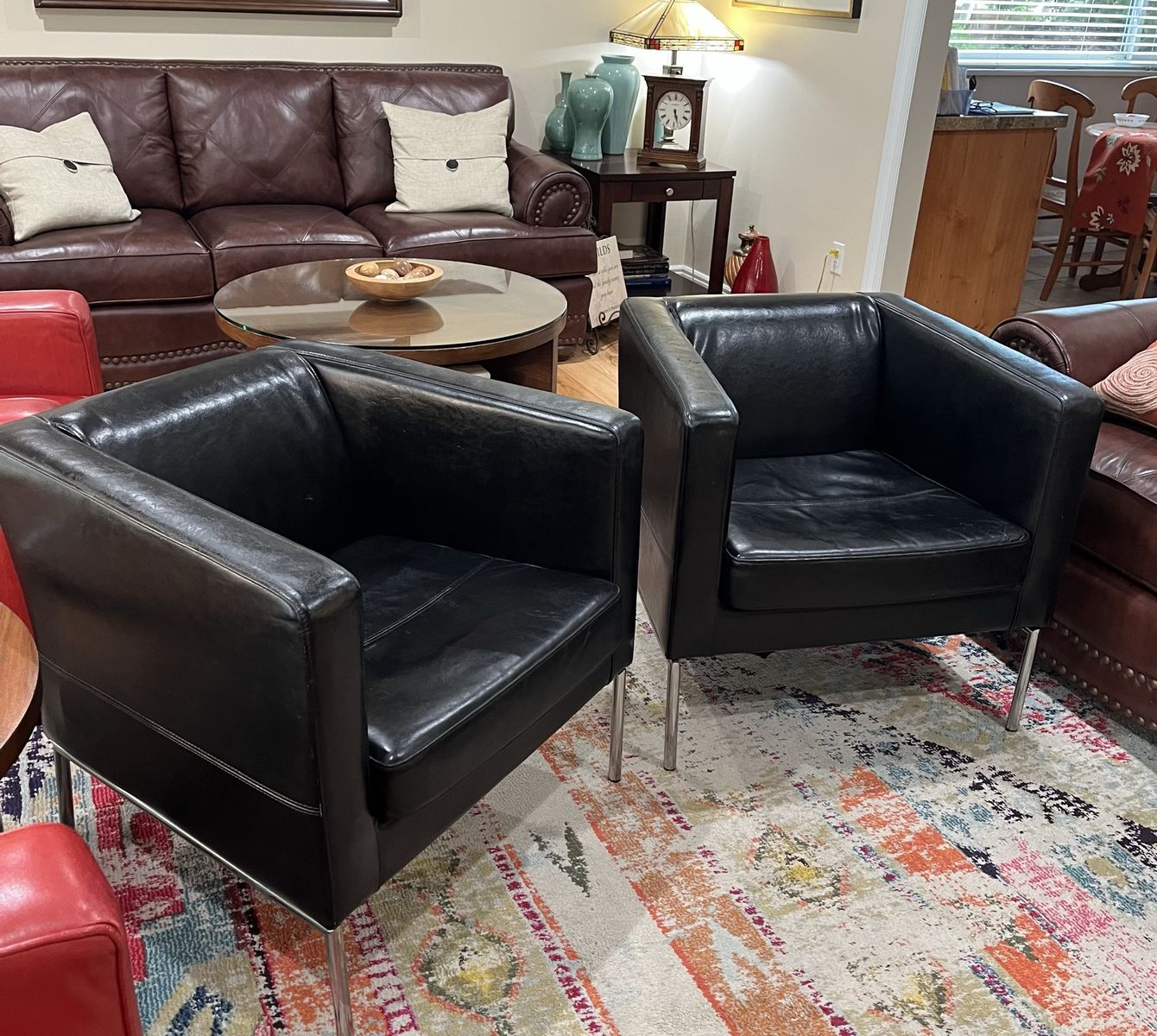 Pair of Black Leather Club Chairs with Chrome Legs - Modern Accent Seating