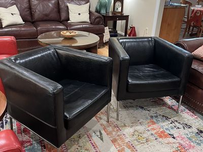Pair of Black Leather Club Chairs with Chrome Legs - Modern Accent Seating