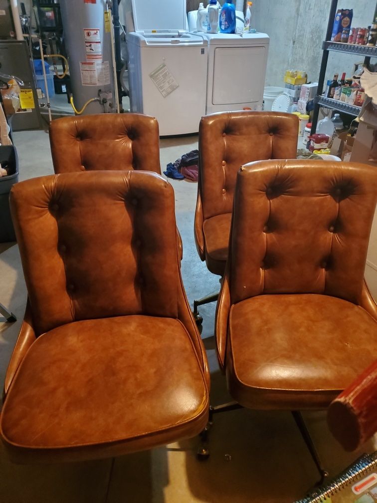 Vintage Douglas Furniture Brown Faux Leather Tufted Rolling Dining Chairs - Set of 4