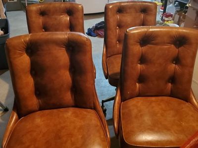 Vintage Douglas Furniture Brown Faux Leather Tufted Rolling Dining Chairs - Set of 4