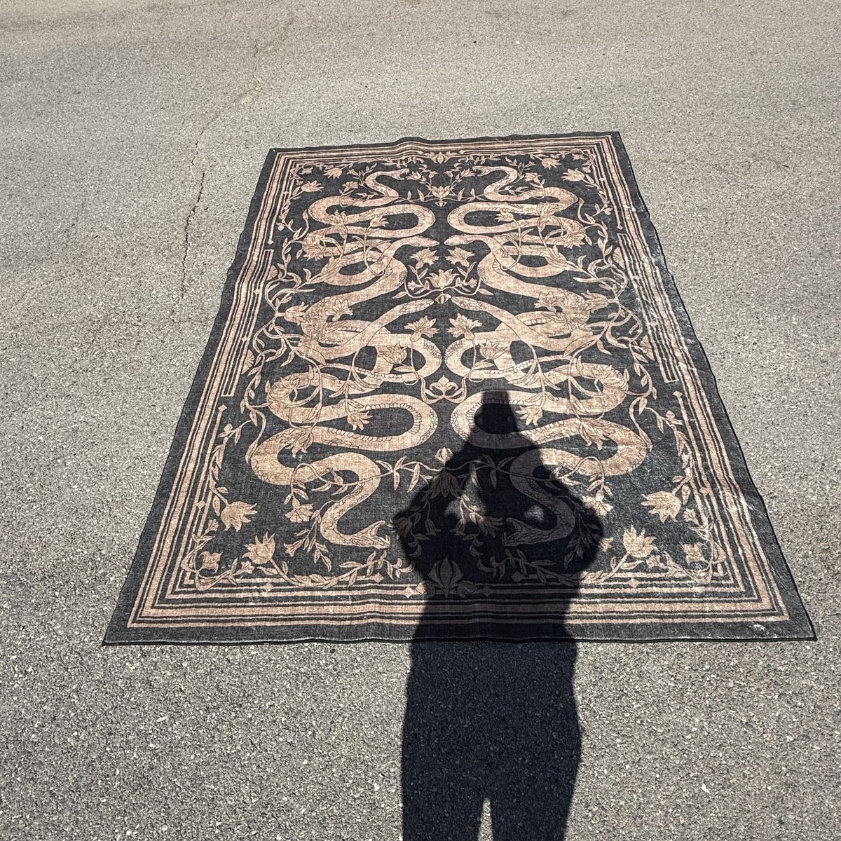 Luxurious Black & Gold Dragon Pattern Area Rug - Great Condition