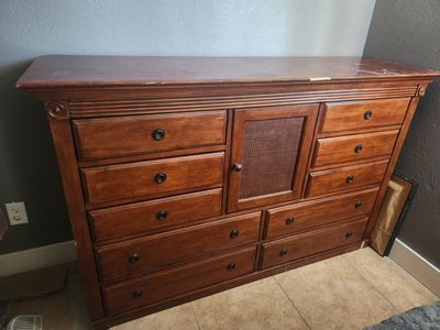 Vintage Wooden Multi-Drawer Dresser with Woven Mesh Cabinet Door