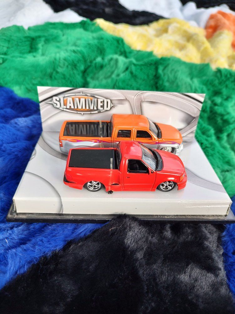 Slammed Dubs Diecast Trucks: Chevy Crew Cab & Ford F-150, 1:64 Scale