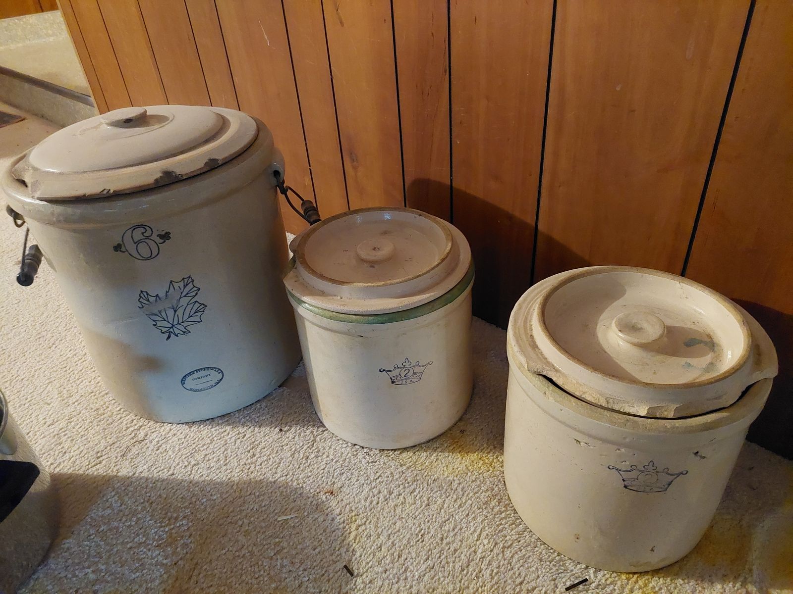 3 Vintage Stoneware Crocks 6 Gallon Western Stoneware Company, two 2 Gallons