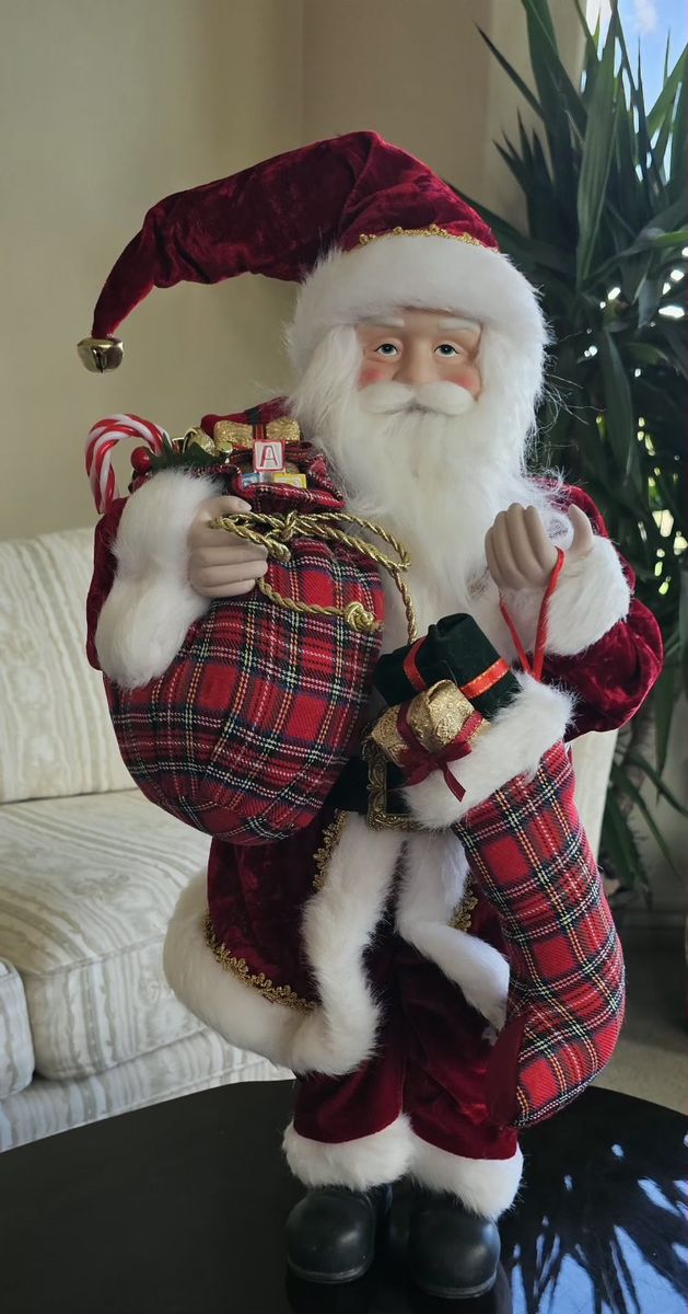 Plush Velvet Santa Claus Figure with Tartan Plaid Sack and Stocking 33"T