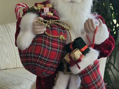 Plush Velvet Santa Claus Figure with Tartan Plaid Sack and Stocking 33"T