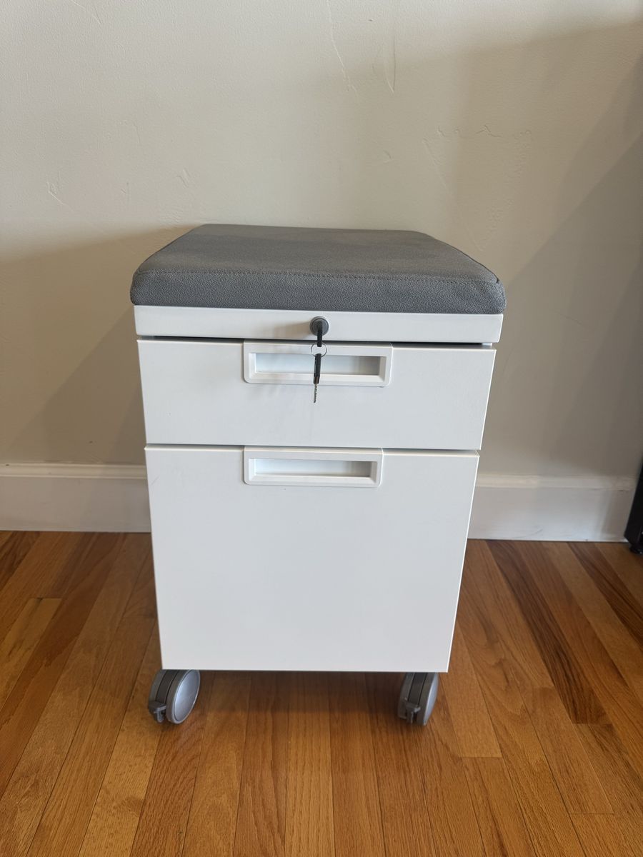 White 2-Drawer Mobile Storage Cabinet with Locking Top Drawer and Cushioned Seat