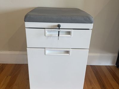 White 2-Drawer Mobile Storage Cabinet with Locking Top Drawer and Cushioned Seat