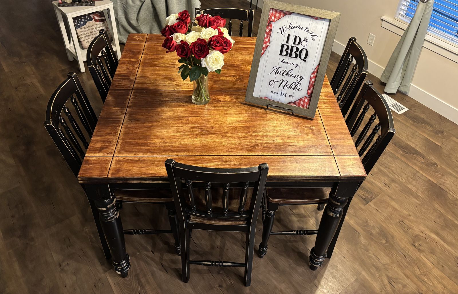 Rustic Farmhouse Dining Table Set with 6 Black Distressed Chairs
