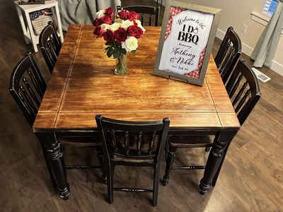 Rustic Farmhouse Dining Table Set with 6 Black Distressed Chairs