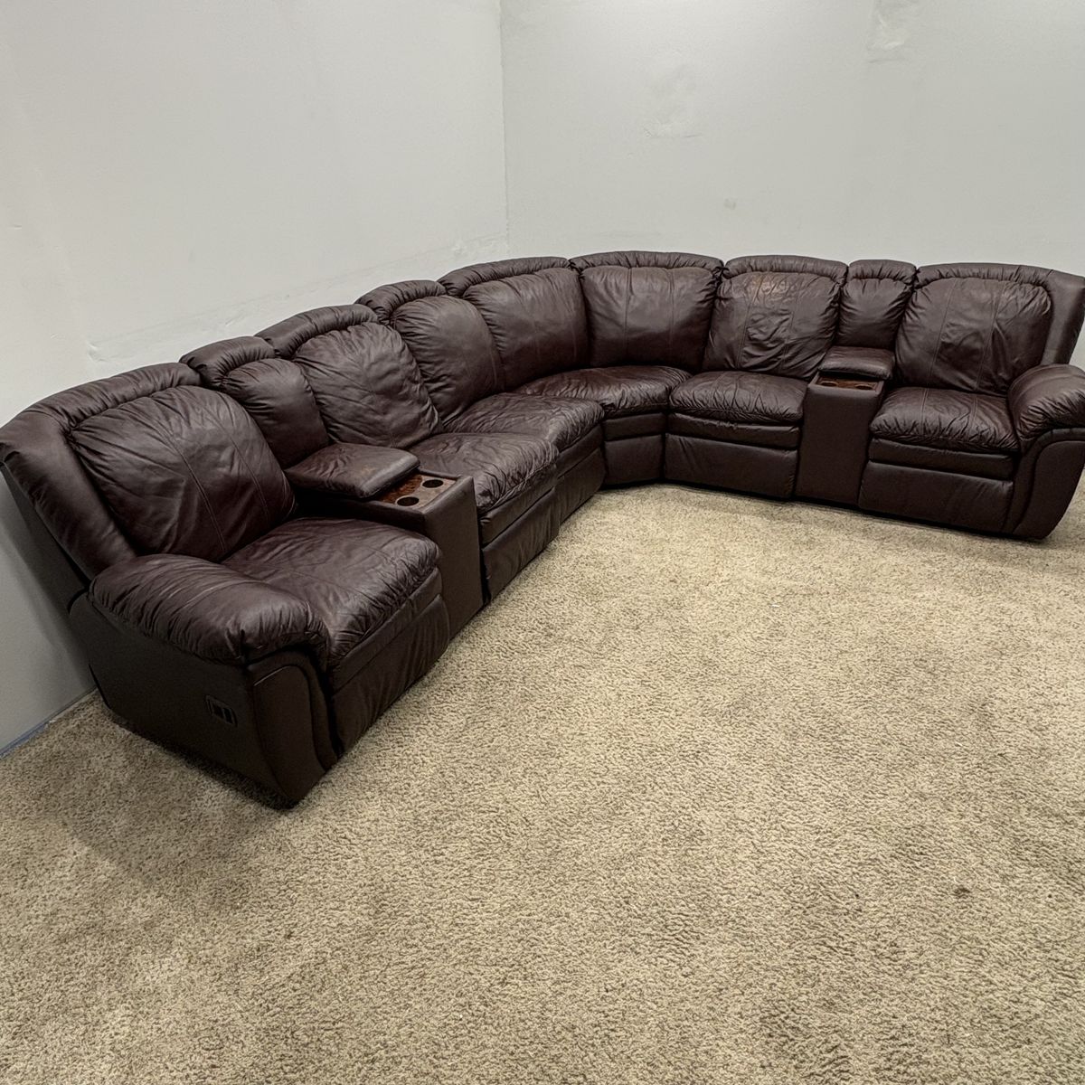 Large Brown Leather Sectional With Recliners