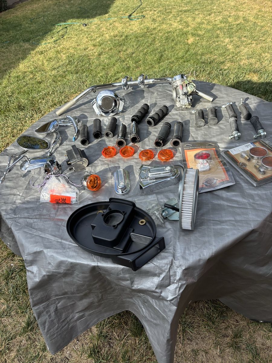 Harley Davidson Motorcycle Parts Lot - Handlebars, Carbs, Grips, Mirrors, & More