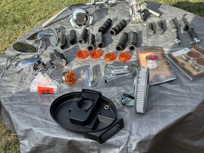 Harley Davidson Motorcycle Parts Lot - Handlebars, Carbs, Grips, Mirrors, & More