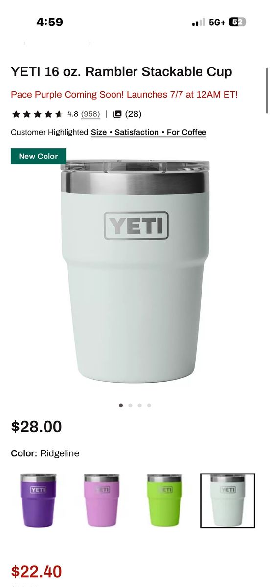 YETI 16 oz Rambler Stackable Cup – $12 Each (15 Available)