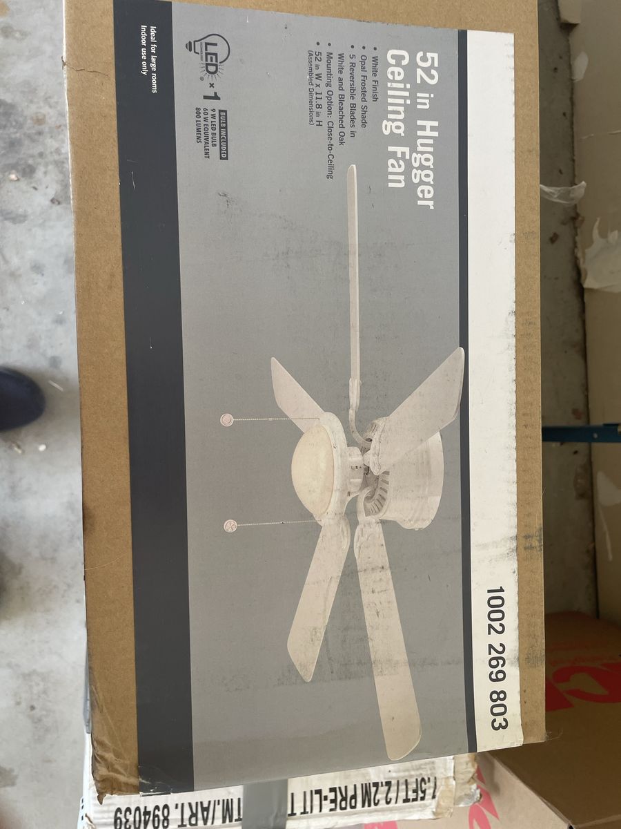 52-inch Hugger Ceiling Fan with LED Light, White Finish, Reversible White/Bleached Oak Blades