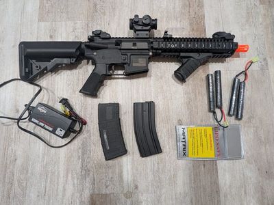 Airsoft M4 Rifle Bundle with Red Dot Sight, Foregrip, Magazines, Batteries, and Charger