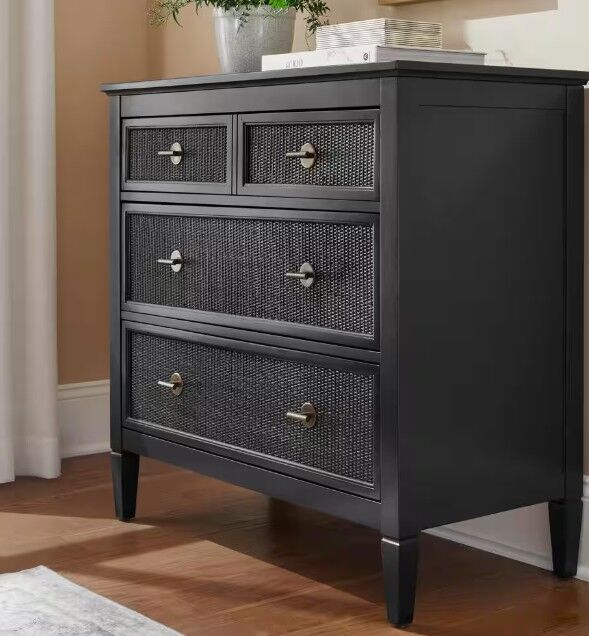 New in Box Home Decorators Collection Marsden Black 3-Drawers 38 in. Cane Chest of Drawers